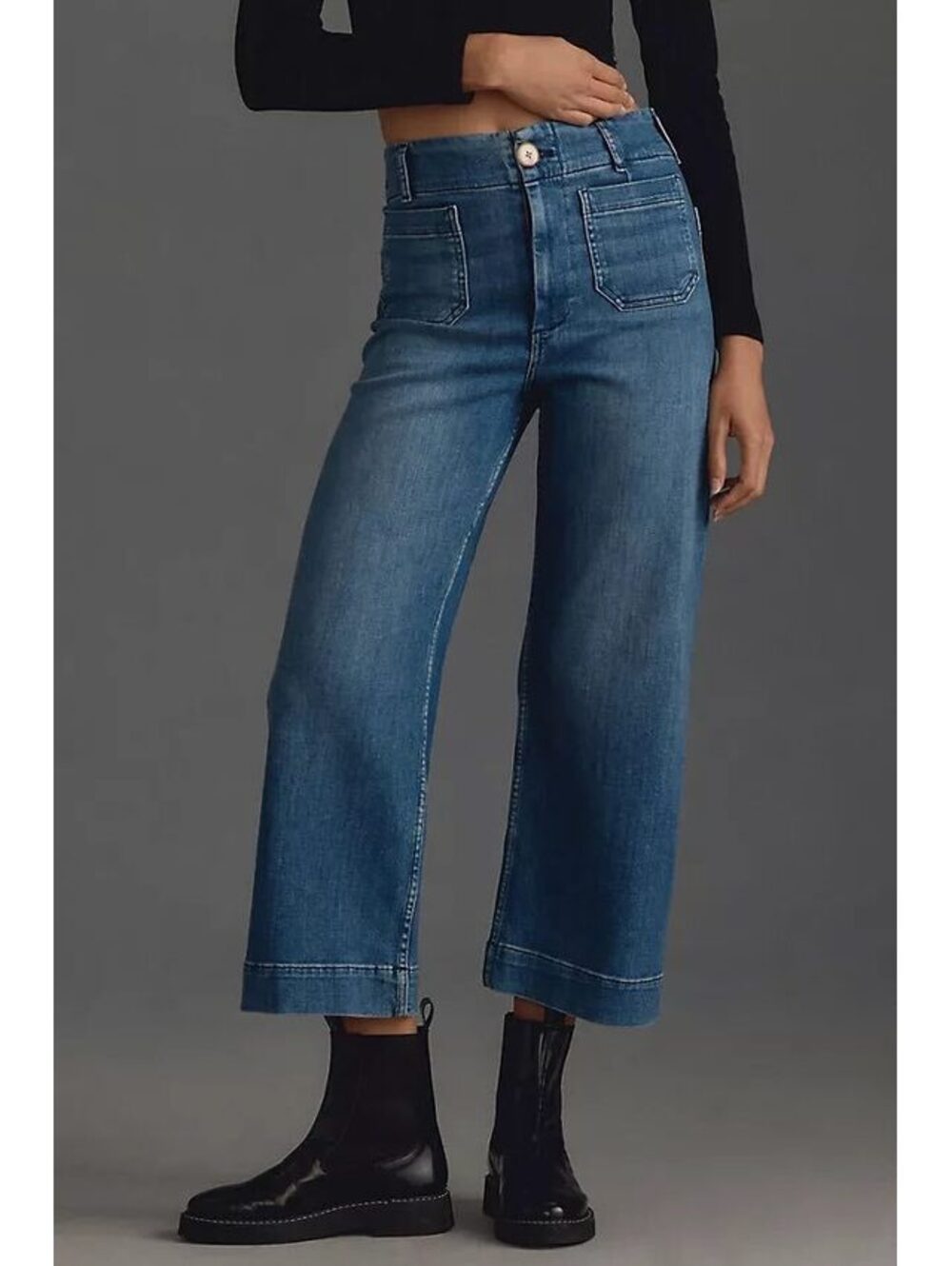 Maeve Colette Women's Wide Leg Cropped Blue Denim Jeans with Front Patch Pockets